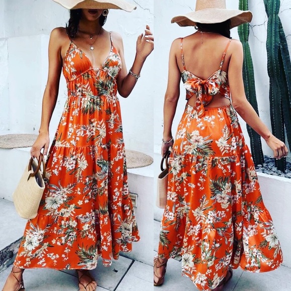 boutique austin Dresses & Skirts - 🧡 NWOT BOUTIQUE STYLE SLINKY SILKY ASIAN HAWAIIAN ORANGE FLORAL MAXI DRESS